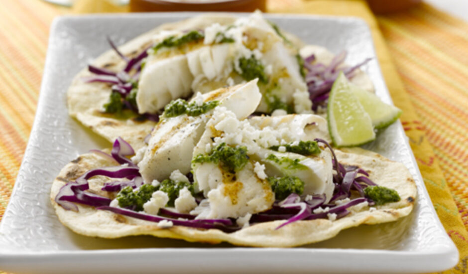 Charred Alaska Halibut Tacos with Cilantro Pesto