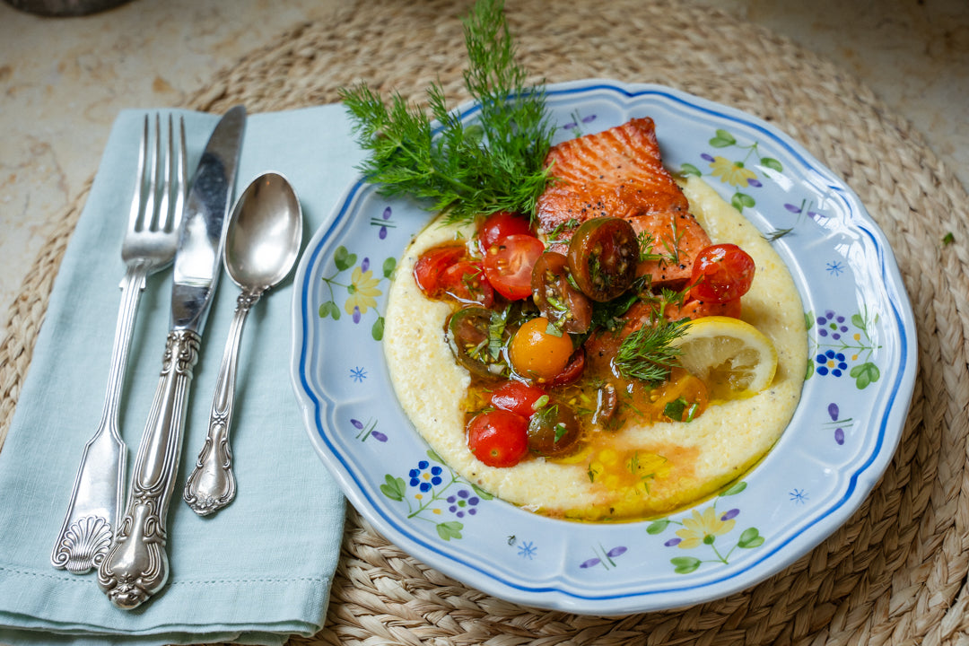 Seared Baked Salmon with Tomato Bruschetta & Creamy Parmesan Polenta